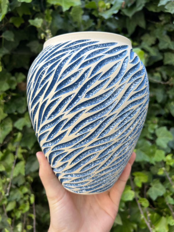 white dark blue splatter vase