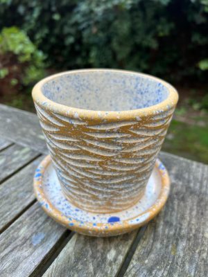 yellow blue white splatter planter