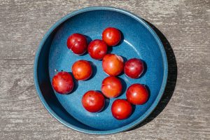 wide blue serving bowl