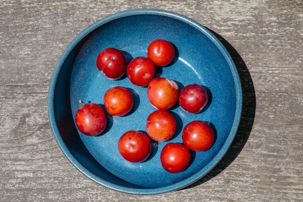 wide blue serving bowl